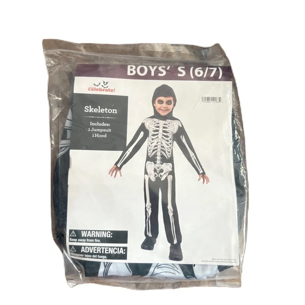 Kids Skeleton Hooded Costume NEW Small 6/7 Black White Halloween
